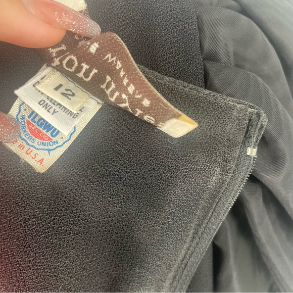 80s Morton Myles Black Peplum Dramatic Shoulder Crepe Midi Dress - Picture 9 of 14